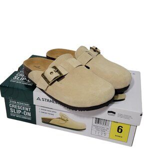 Staheekum Crescent Clogs Women Size 6 Suede Tan Slip On Shoe Comfort Footbed NEW
